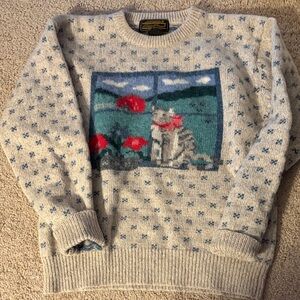 Eddie Bauer Cream Sweater with Cat and Floral Design